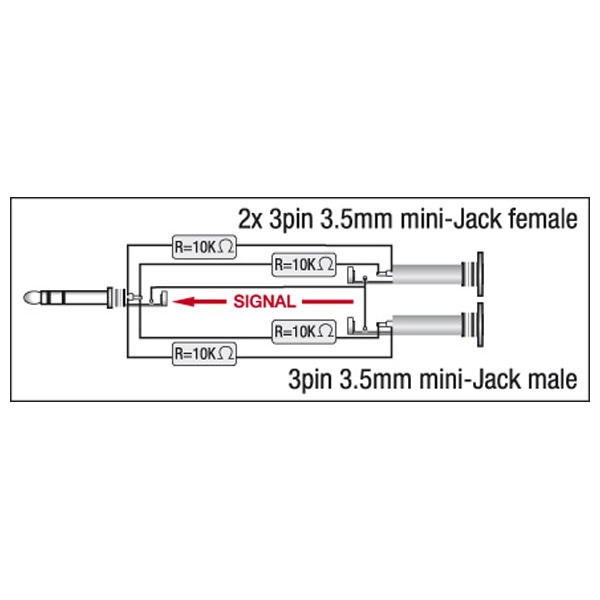 DAP XGA44 - mini-jack/M stereo to 2 x mini-jack/F - incl. 4 x 10 kOhm resistors Inkl. 4 x 10 kOhm Widerstände