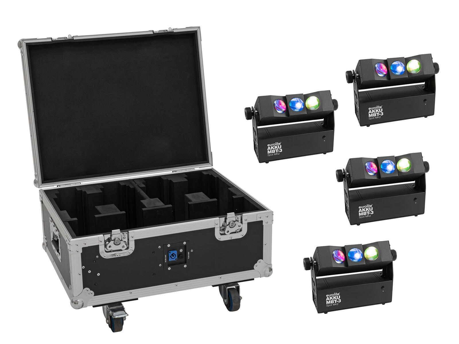 EUROLITE Set 4x AKKU MBT-3 Spot MK2 + Flightcase mit Rollen und Ladefunktion