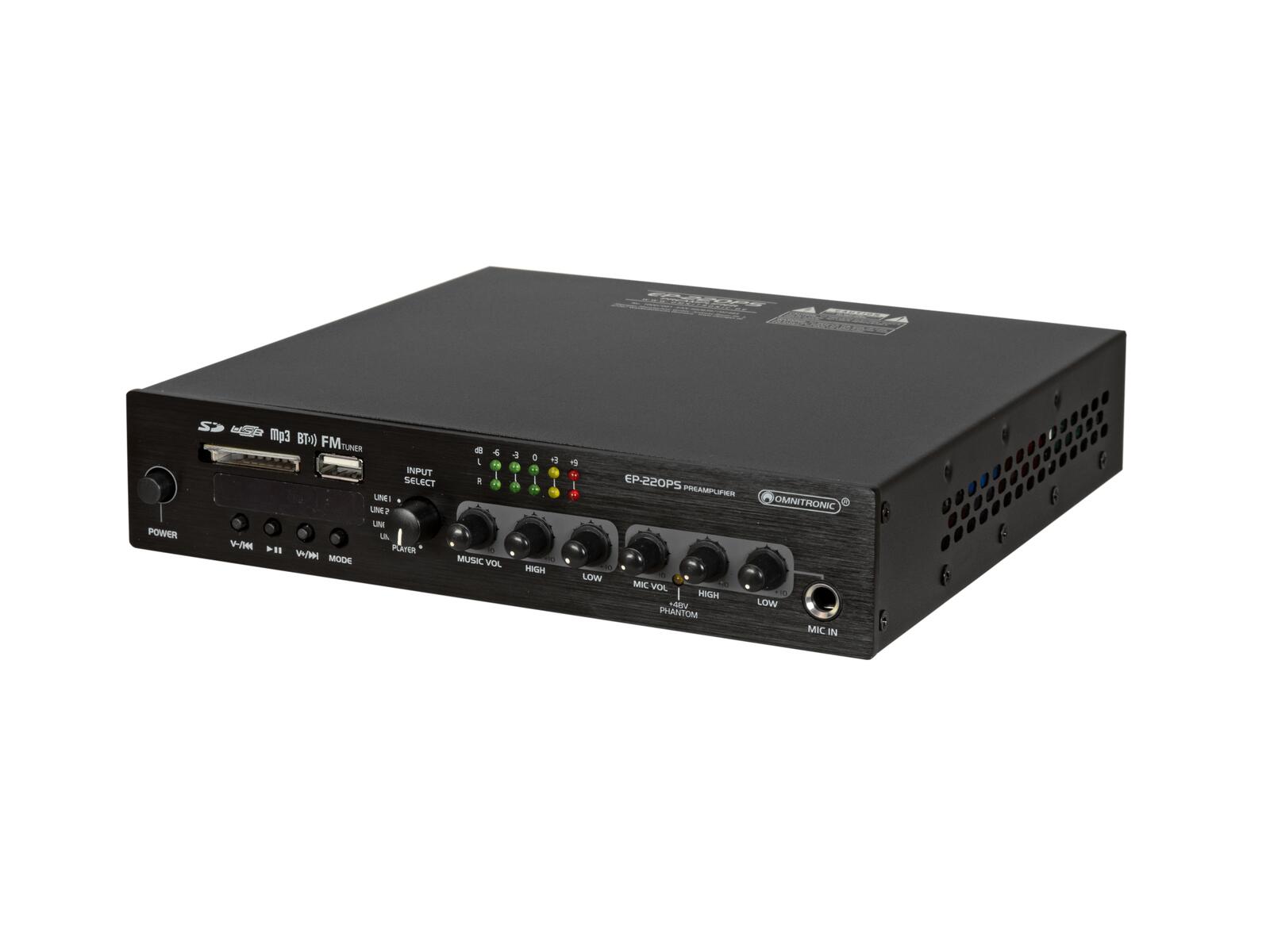 OMNITRONIC EP-220PS Vorverstärker mit MP3-Player, Bluetooth und FM-Radio 9,5 Zoll