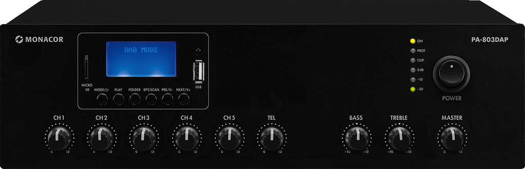 MONACOR PA-803DAP ELA-Mono-Class-D-Mischverstärker, MP3, USB/SD, FM, DAB+, BT, 30 W