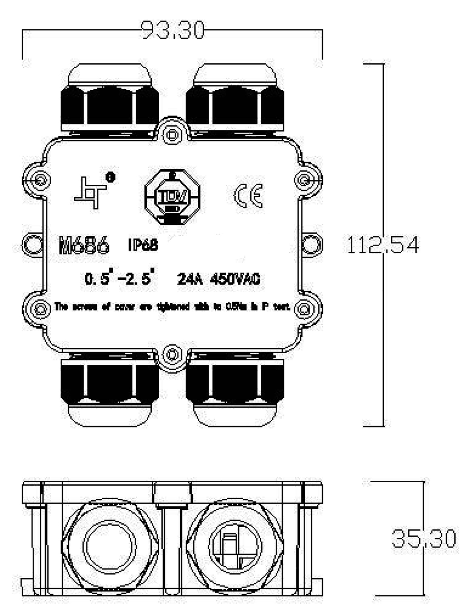 Outdoor 4-fach-Verteiler f. 2-4 Kabel 4-14mm, 0.5-4mm², 450V AC/24A