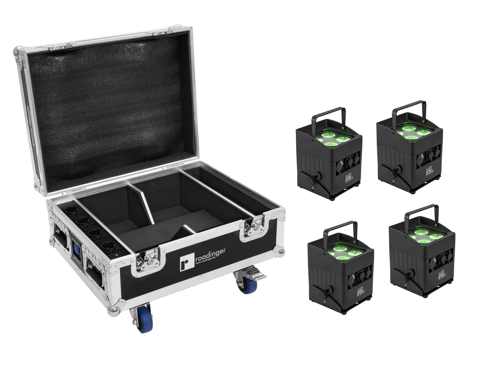 EUROLITE Set 4x AKKU IP UP-4 QCL Spot QuickDMX MK2 + Flightcase mit Rollen und Ladefunktion