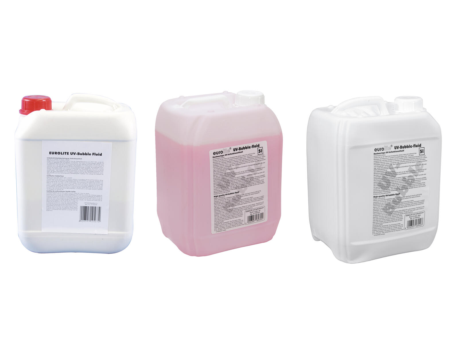 EUROLITE Set 3x UV-Seifenblasenfluid 5l gelb + rot + blau EUROLITE Set 3x UV-Seifenblasenfluid 5l gelb + rot + blau