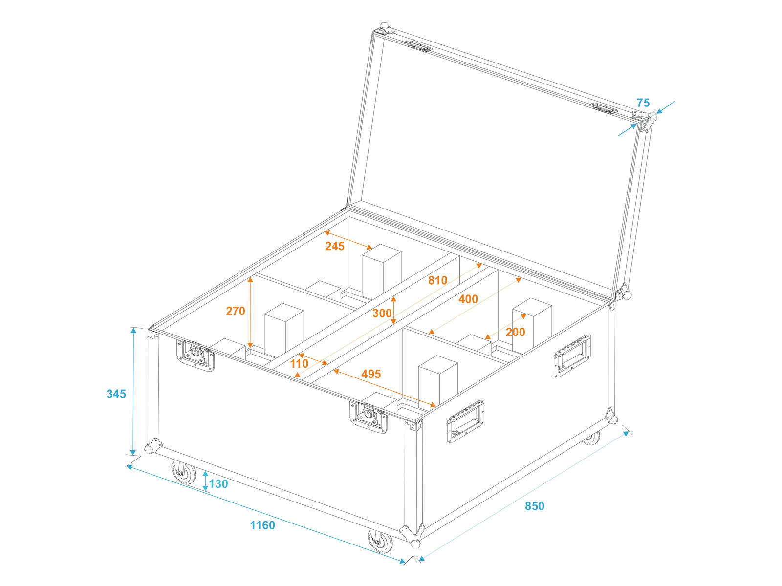 ROADINGER Flightcase 4x THA-250F mit Rollen