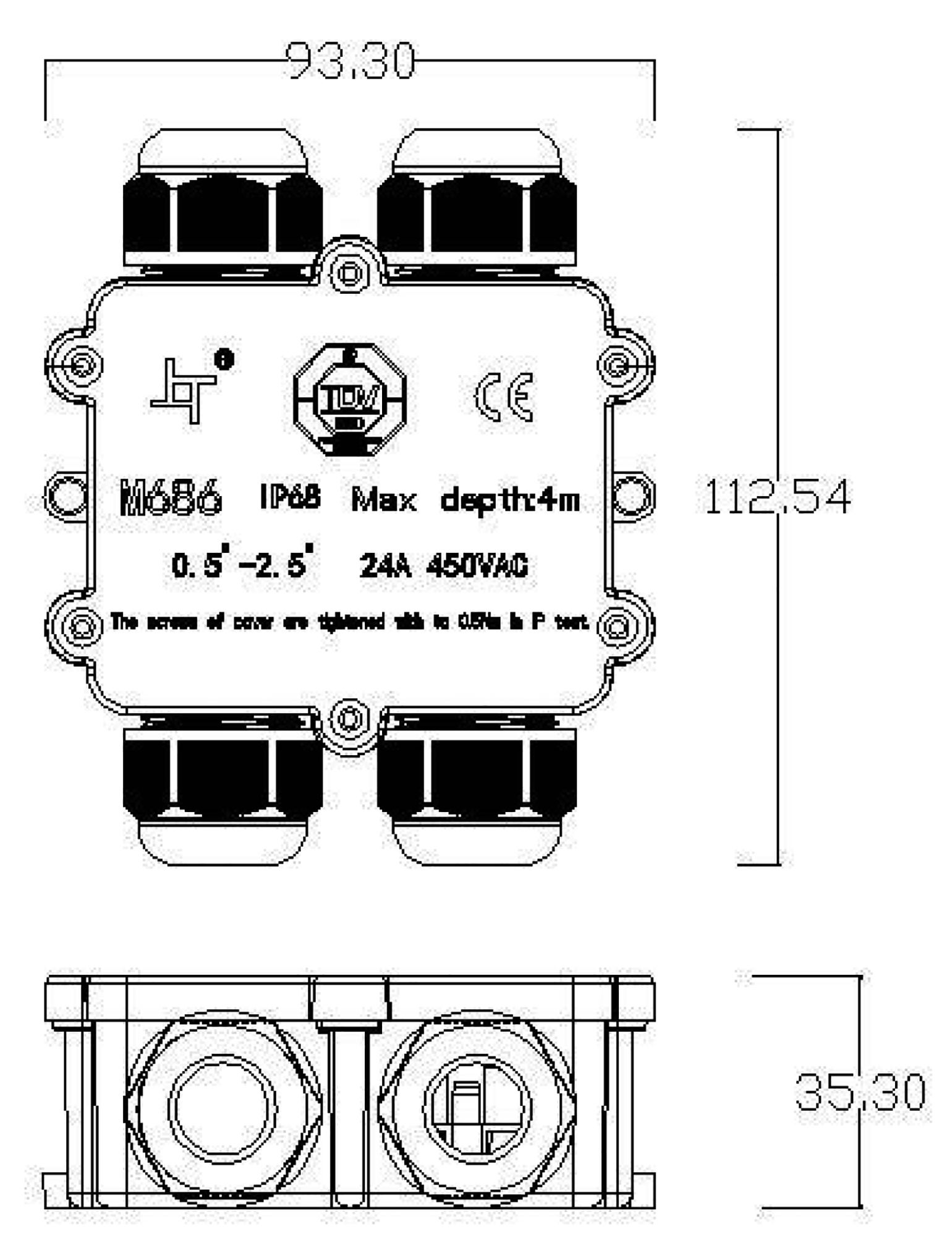 Outdoor 4-fach-Verteiler f. 2-4 Kabel 4-14mm, 0.5-4mm², 450V AC/24A