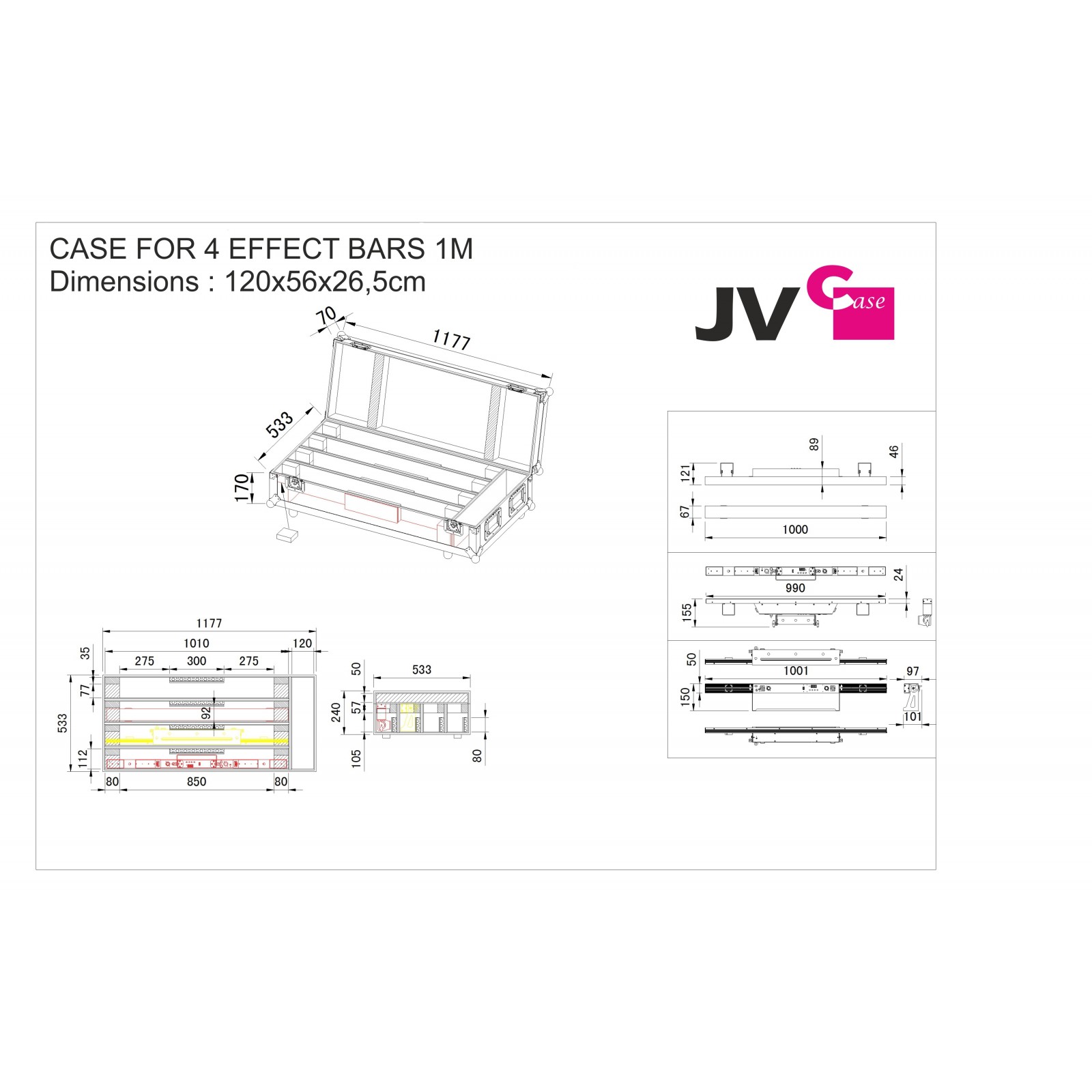 JV Case Flightcase für 4 x Effect Bars 1m Flightcase für 4 Stück Led Bars 1m