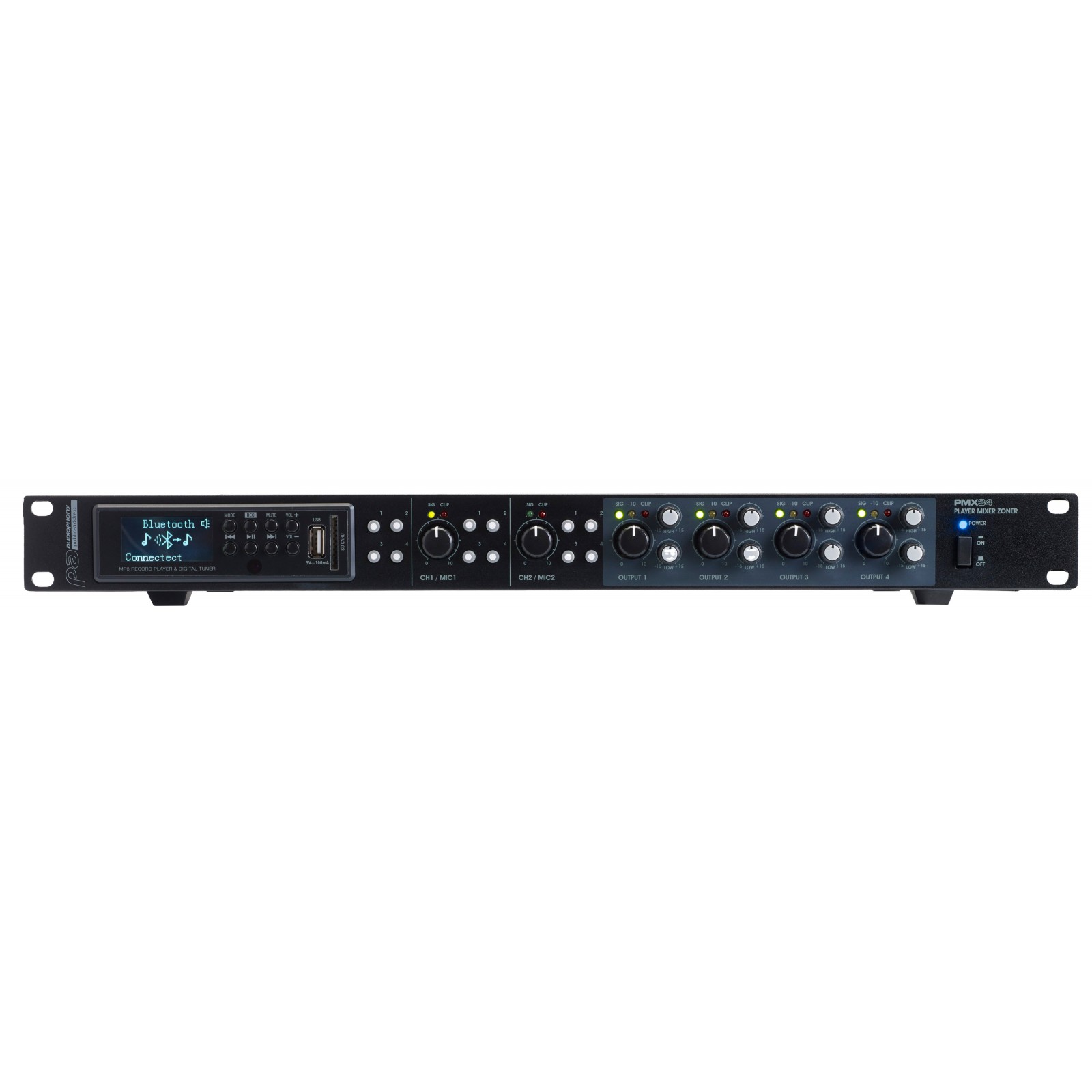 Audiophony PMX34 Zonenmischpult 2 Eingänge/4 Ausgänge mit Multimedia-Player