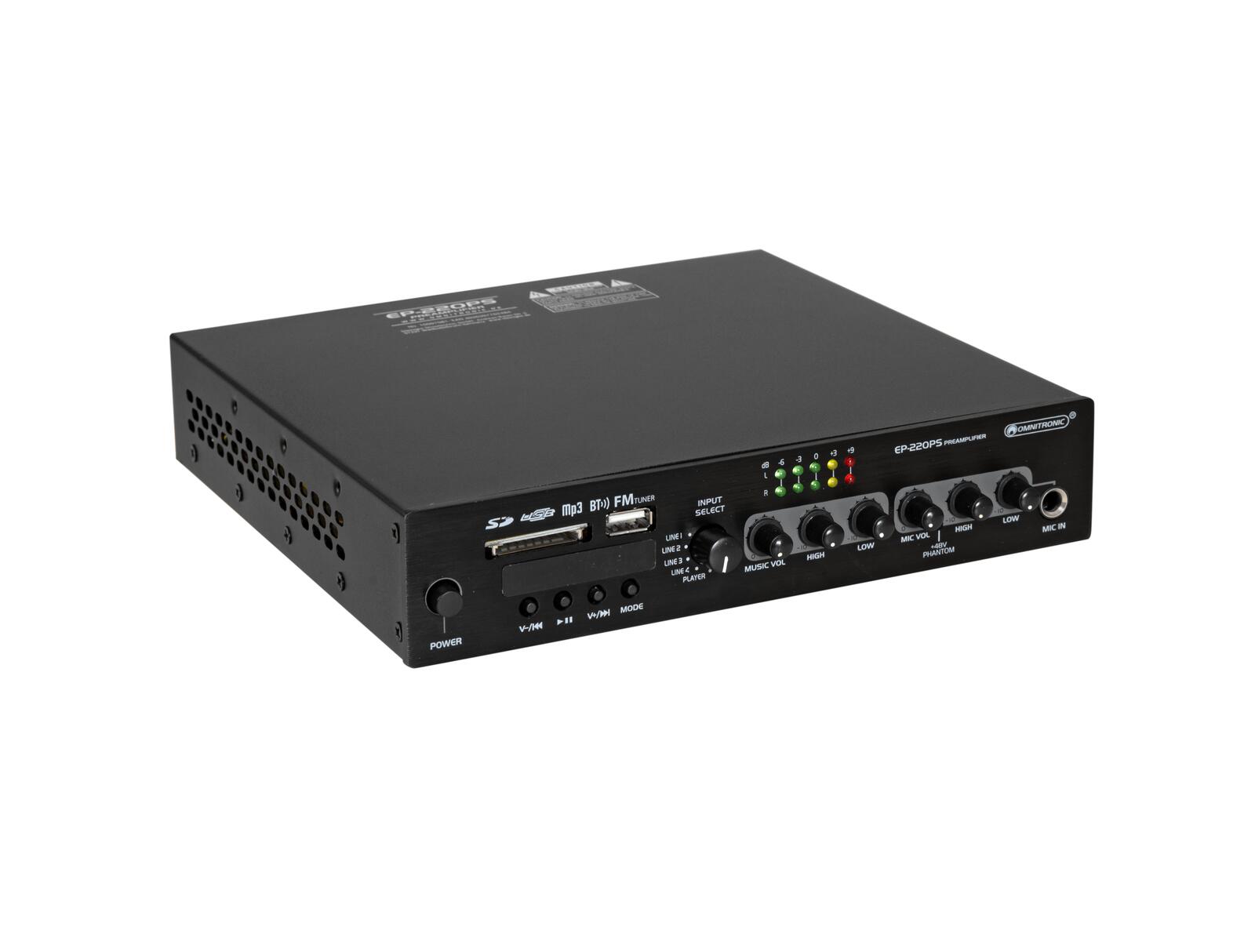 OMNITRONIC EP-220PS Vorverstärker mit MP3-Player, Bluetooth und FM-Radio 9,5 Zoll
