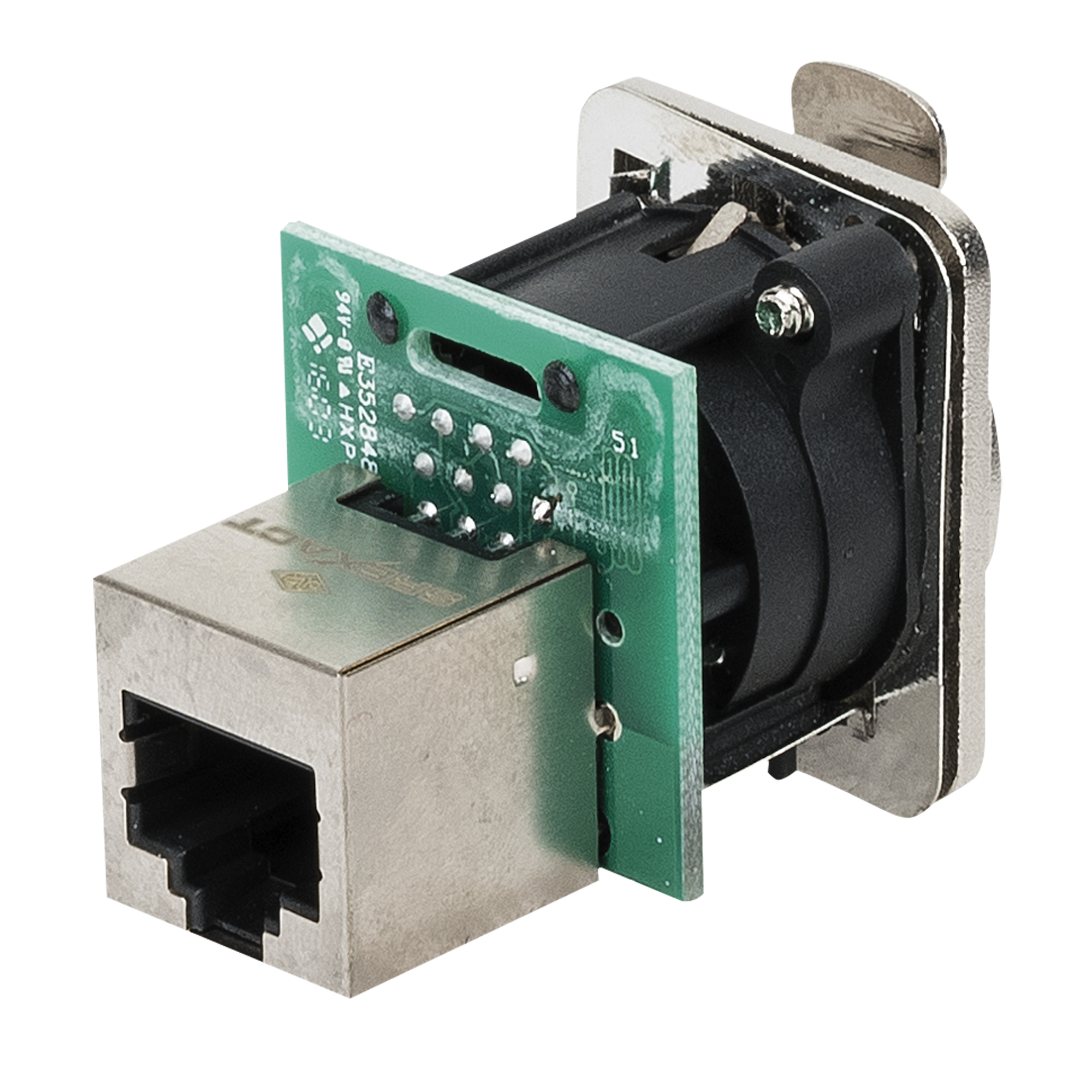 DAP Ethernet RJ45 D-size Chassis Feedthrough receptacle in D-sized metal flange with the secure latching system - Nickel - CAT5E Durchgangssteckdose mit Metallflansch (Größe D) und sicherem Verriegelungssystem Nickel
