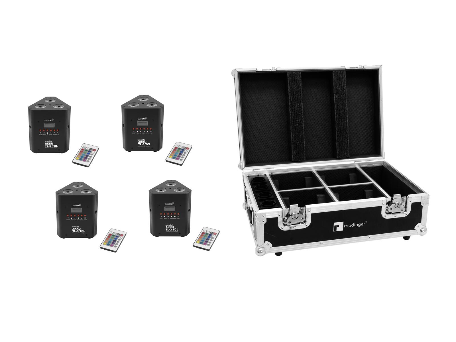 EUROLITE Set 4x AKKU TL-3 TCL QuickDMX + Case mit Ladefunktion EUROLITE Set 4x AKKU TL-3 TCL QuickDMX + Case mit Ladefunktion