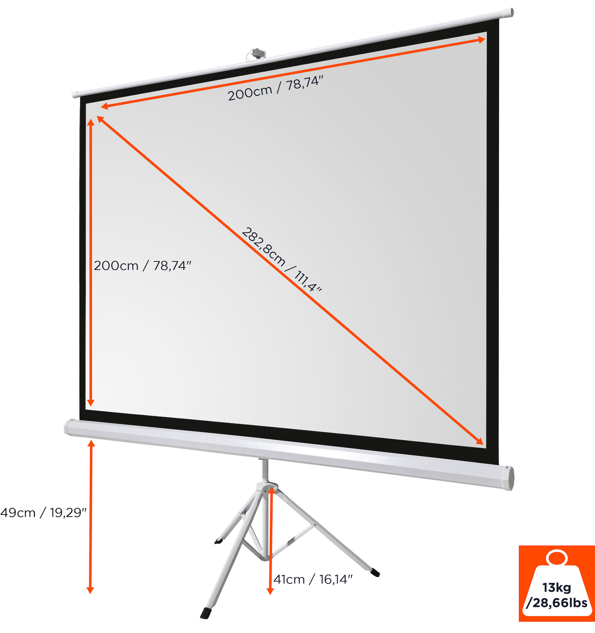 celexon basic Stativ-Leinwand 110" | 200x200 cm 1:1 | mobile transportable 4K, Full-HD Leinwand | Beamerleinwand mit Stativ für Heimkino- und Büropräsentationen | Blitzschneller Aufbau in 3 Schritten