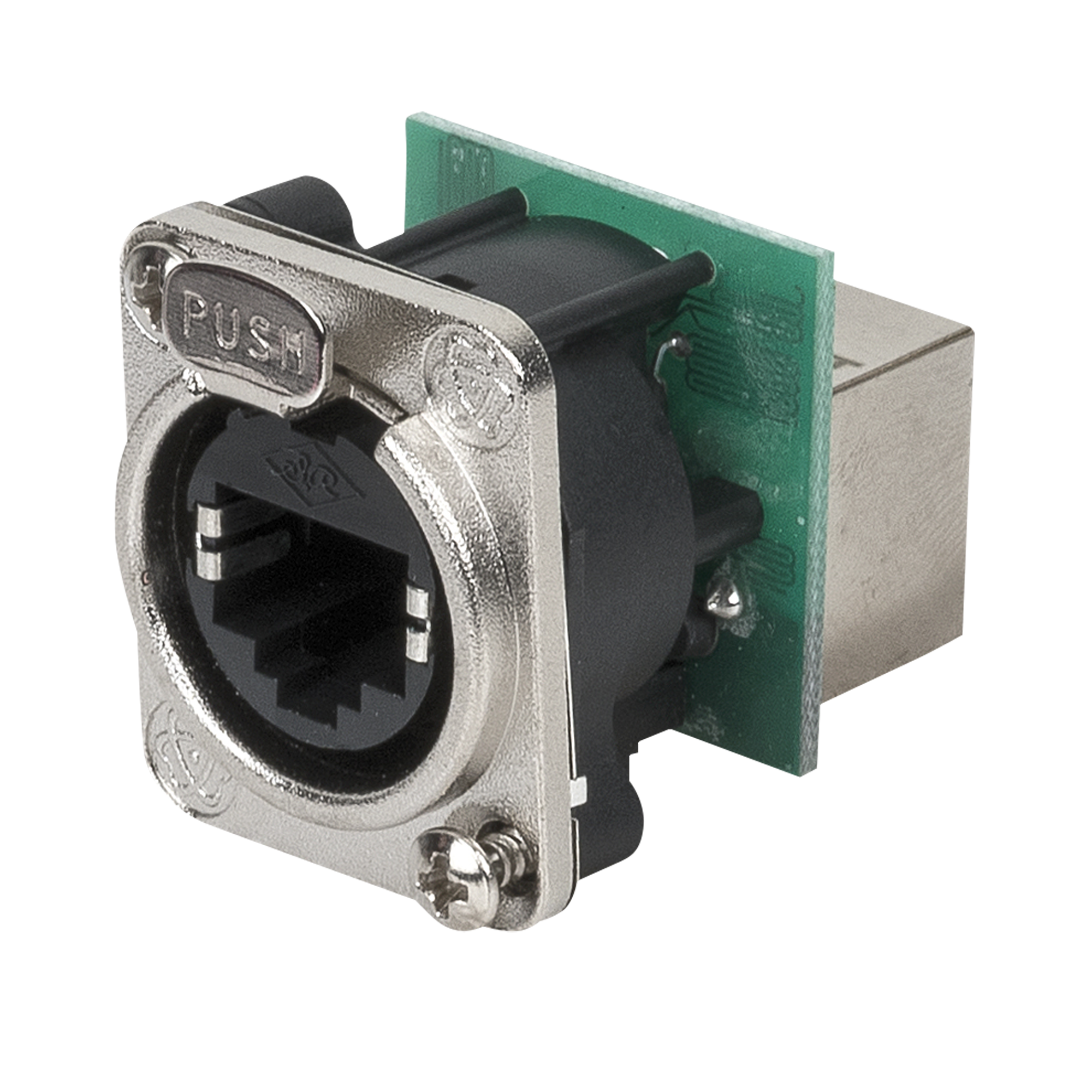 DAP Ethernet RJ45 D-size Chassis Feedthrough receptacle in D-sized metal flange with the secure latching system - Nickel - CAT5E Durchgangssteckdose mit Metallflansch (Größe D) und sicherem Verriegelungssystem Nickel