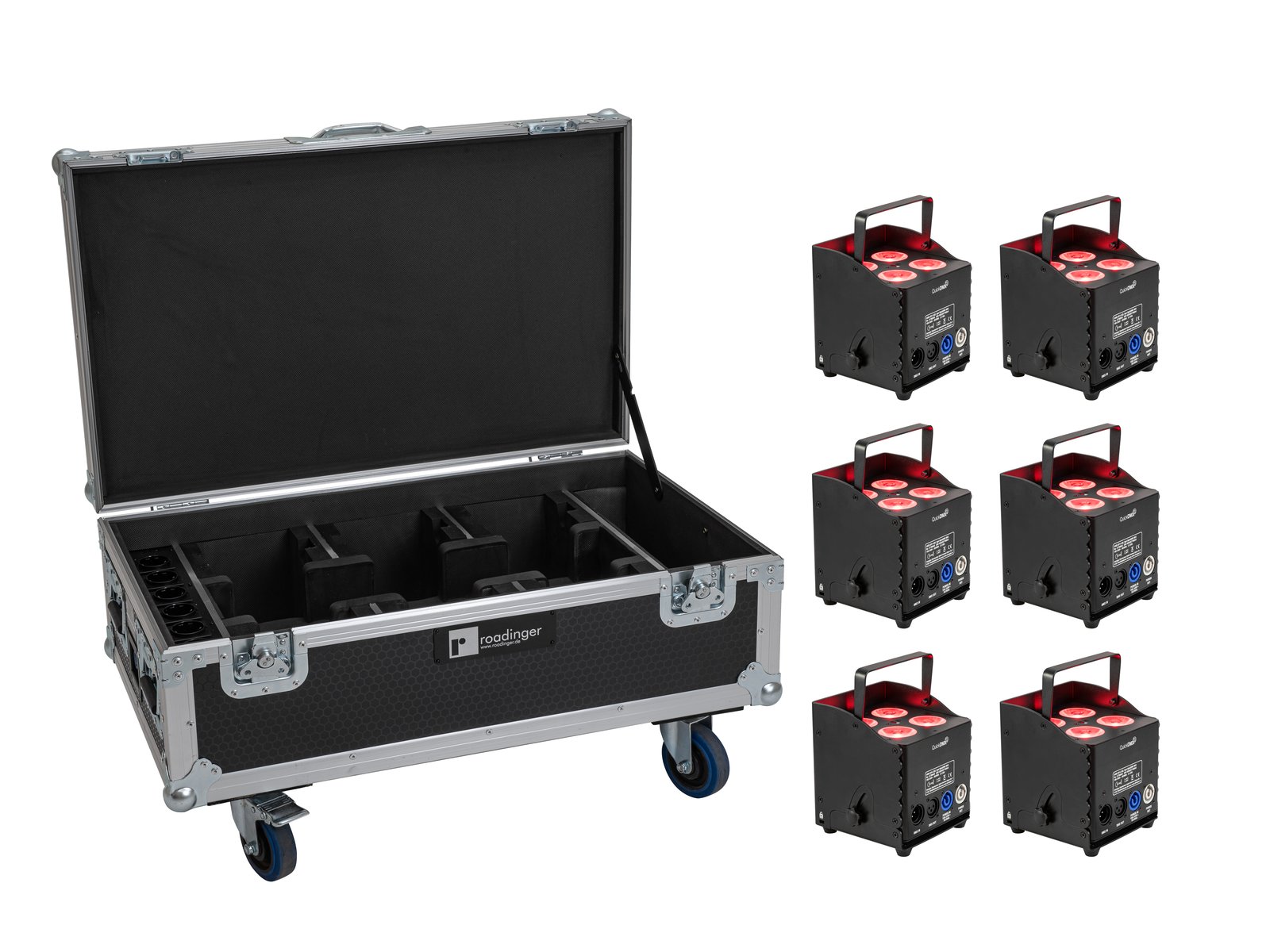 EUROLITE Set 6x AKKU UP-4 QCL Spot QuickDMX MK2 + Flightcase mit Rollen und Ladefunktion EUROLITE Set 6x AKKU UP-4 QCL Spot QuickDMX MK2 + Flightcase mit Rollen und Ladefunktion